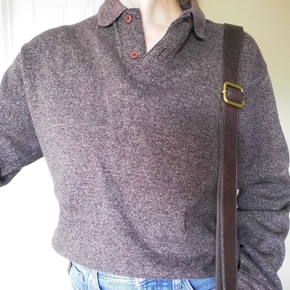 Vintage Naturalife Grandpa Henley Polo Cotton Sweater - Brown - Small